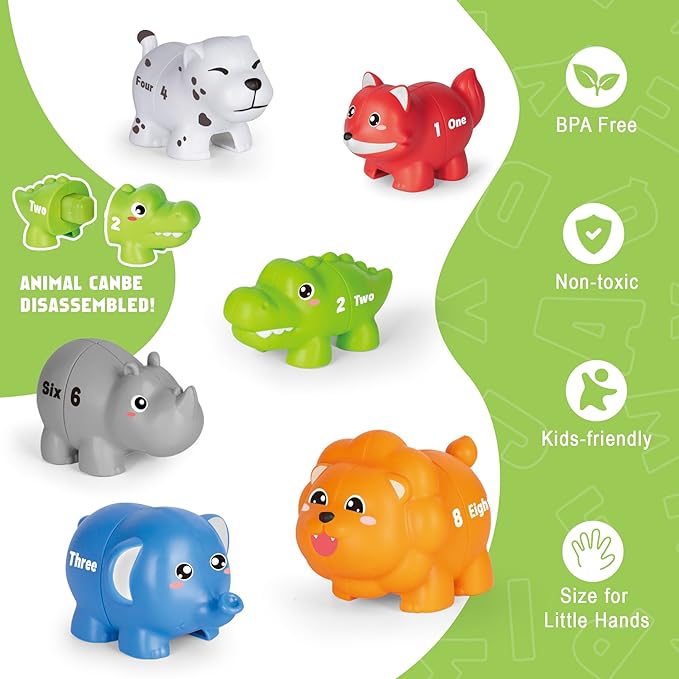 Learning Toys for 2 3 4 Year Old, 20 Pcs Number Matching Game with Digital English, 10 Different Animal Figures, Preschool Activities Montessori Fine Motor Toys for Toddlers Kids