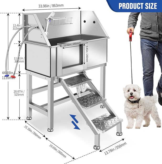 Stainless Steel Dog Washing Station for Large Dogs, Dog Grooming Tub for Home, Professional Dog Bathtub Bathing Station, Pet Wash Station, Dog Shower Tub with Stairs, Drain & Door,34" L-RAMP