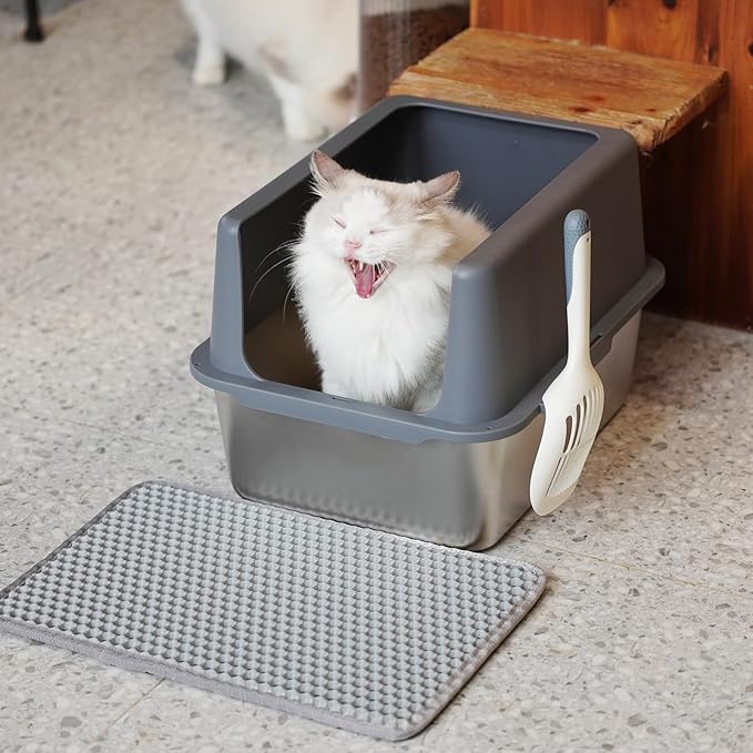Stainless Steel cat Litter Box, Covered Metal Litter Box, cat Litter Pans with high Sides, Kitty Litter Boxes for Indoor Cats (Non Sticky, Easy to Clean, Anti-Urine Leakage) 17.5" L x 13.5" W x 6" H