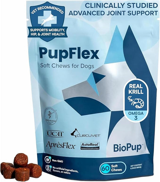 PupFlex+ Hip and Joint Supplement Dogs, Vet Created Soft Chews with UC-II® Collagen for Dogs, CurcuVET® & Omega 3, Proven More Effective Than Glucosamine Chondroitin, Dog Joint Supplement (60 ct)