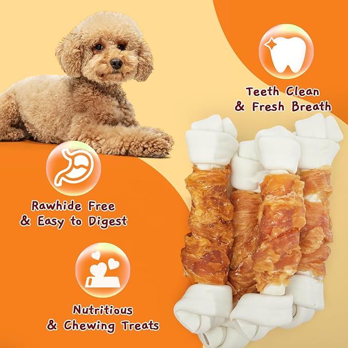 Jungle Calling Rawhide Free Dog Bones, 6.5" Real Chicken Wrapped Dog Chew Bones for Medium and Large Dogs Training Treats