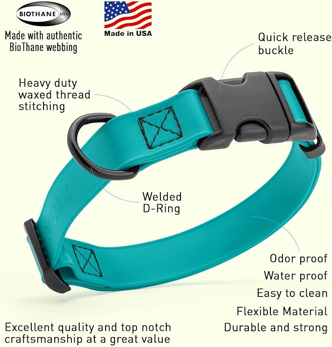 Dogline Biothane Waterproof Dog Collar with Quick Release Buckle Strong Coated Nylon Webbing with Odor- Proof for Easy Care Easy to Clean Fits Small Medium or Large Dogs, Teal 3/4" W 12-19" L