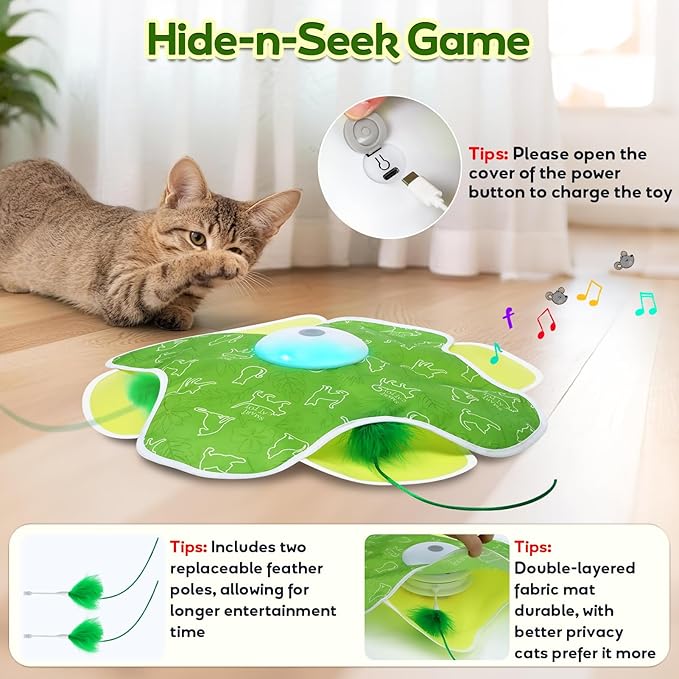 Interactive Cat Toys, Motion Activated, Moving Feather, Real Mouse Squeaky, Hide and Seek Cat Toys for Indoor Cats