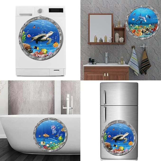 9PCS Ocean Animals World Under Sea Decor Sea Turtles Dolphins Fishes Sharks Coral Removable 3D Peel and Stick Vinyl Stickers