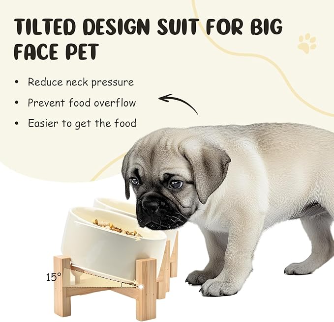 SPUNKYJUNKY 15° Slanted Ceramic Dog and Cat Bowl with Wooden Stand, Tilted Bulldog Food and Water Bowl No Slip Non-Spill for Cats Medium Dogs Big Face Pets 13.5 OZ (1.7 Cups, Beige × 2)