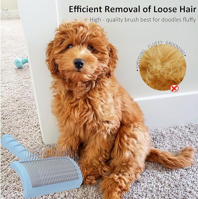 Slicker Brush for Poodles and Goldendoodles - Curved Brush for Thick, Fluffy, Shedding Fur on Dogs and Cats - Soft, Gentle Pins for Grooming (Blue)