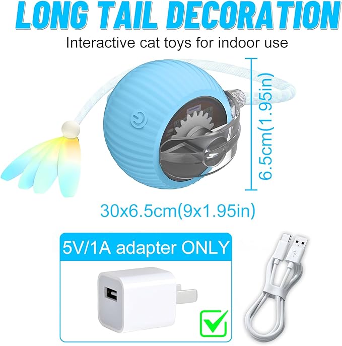 Interactive Cat Toy Ball for Indoor Cats with Mesh Tail & Foils, Automatic Rolling Three Modes Agile Moving Cat Ball to Keep Them Busy Rechargeable, Blue