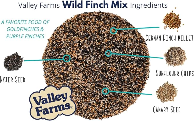 Valley Farms Wild Finch Mix (15 LB) Wild Bird Food for Outside Feeders, Wild Bird Seed with Millet and Chopped Sunflower Hearts for Birds, Finch Seed for Finch Feeders, Sunflower Kernels