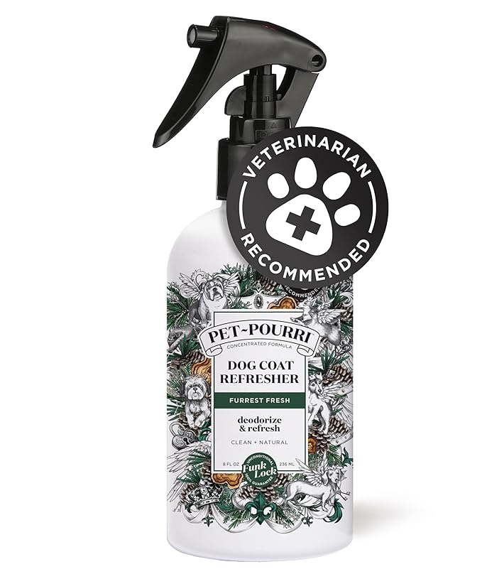 Poo-Pourri Furrest Fresh Dog Deodorizing Spray, 8 Fl Oz Grooming Perfume for Dog Coat, Pet Odor Neutralizer with Essential Oils, Vet Recommended, Paraben & Sulfate-Free Fir, Amber, & Cedarwood Scent