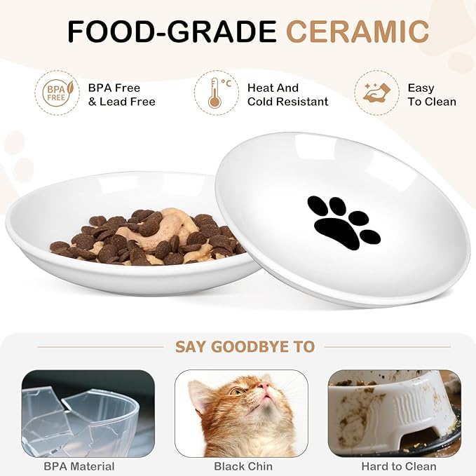 TRUVIC 4 Pack Ceramic Cat Food Bowls, 5.9 Inch Ceramic Cat Dishes Set for Indoor Cats and Small Dogs, Anti Whisker Fatigue Kitten Bowls, Wide Shallow Kitten Plates for Food and Water (Cat's Paw)