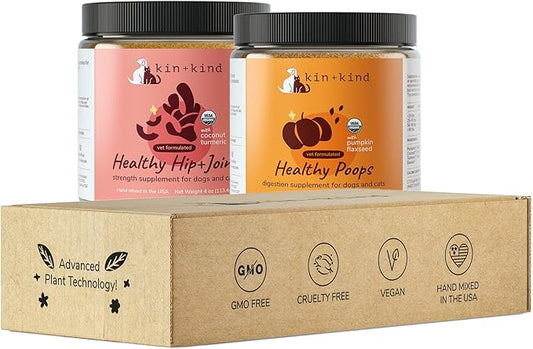 kin+kind Organic Supplements for Dogs&Cats - Pumpkin Boost for Healthy Poops - Hip+Joint Supplement - Vet Formulated, Natural Formula - Made in USA - Poop | Hip+Joint M. (2 x 4 oz)