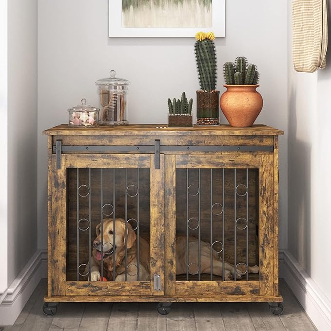 IchbinGo Large Dog Crate Furniture with Sliding Barn Door, 43.7" Wooden Dog Kennel End Table with Wheels and Flip-top Plate Dog House with Detachable Divider for Small/Medium/Large Dog (Rustic Brown)