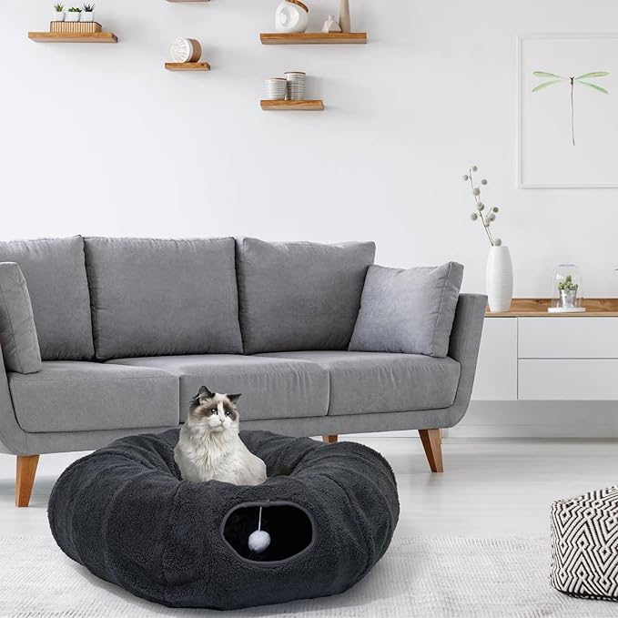 R1M Cat Tunnel Bed for Indoor Cats, Cute Cat Donut Tunnel Toys for Small, Larger Cats with Two Fish Cat Toys, Round Pet Peekaboo Cave Toy for Kitten, Dark Grey