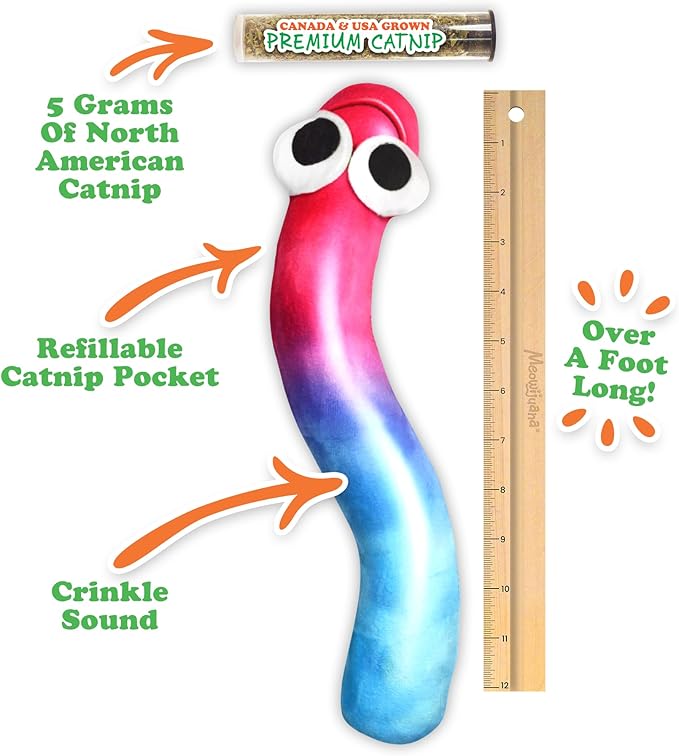 Meowijuana Kicker Toy for Cats | Get Kickin' Gummy Worm | Refillable Kicker Catnip Toy | Promotes Play and Cat Health | Includes Potent Hand Harvested Catnip Grown in North America
