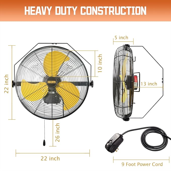 HiCFM 5100 CFM 20 inch Outdoor Wall Mount Fan, 3-Speed High Velocity Weatherproof Wall-mounted Fan with IP44 Sealed Motor and Manual GFCI Plug for Patios, Industrial, Garage and Gazebo - UL Listed