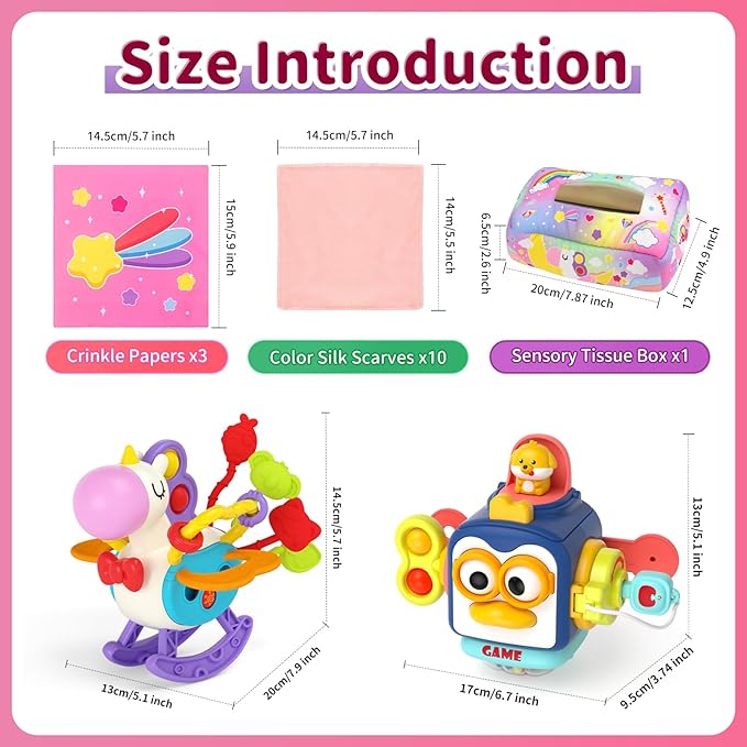 3 in1 Baby Toys 12 to 18 Months - Busy Board Sensory Toys, Tissue Box Toy, Pull String Teether, Learning Toy for Babies, Infant Gifts for 12 18 Months Old