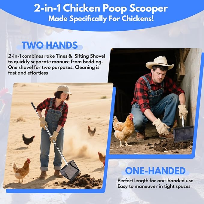 Chicken Poop Scooper & Rake 2-in-1, 304 Stainless Steel Shovel Head, Chicken Litter Scoop with Handle for Chicken Coop & Pet Waste Cleaning, Litter Sifting Shovel (35 to 65") US Patent Pending (Black)