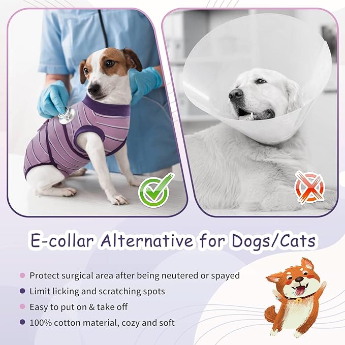 Kuoser Dog Surgery Recovery Suit for Female Male Dogs, Stripes Spay Neuter Anti-Licking Dog Onesie, Abdominal Wounds Surgical Suit Snugly Pet Collar Alternative Post Surgery Vest Bodysuit, Purple 2XL