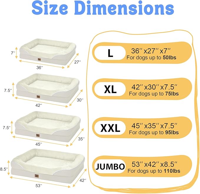 Washable Orthopedic Large Dog Bed - Removable Waterproof Cover with Bolster Machine Washable Extra Large Dogs Beds Foam Support XL Big Pet Beds