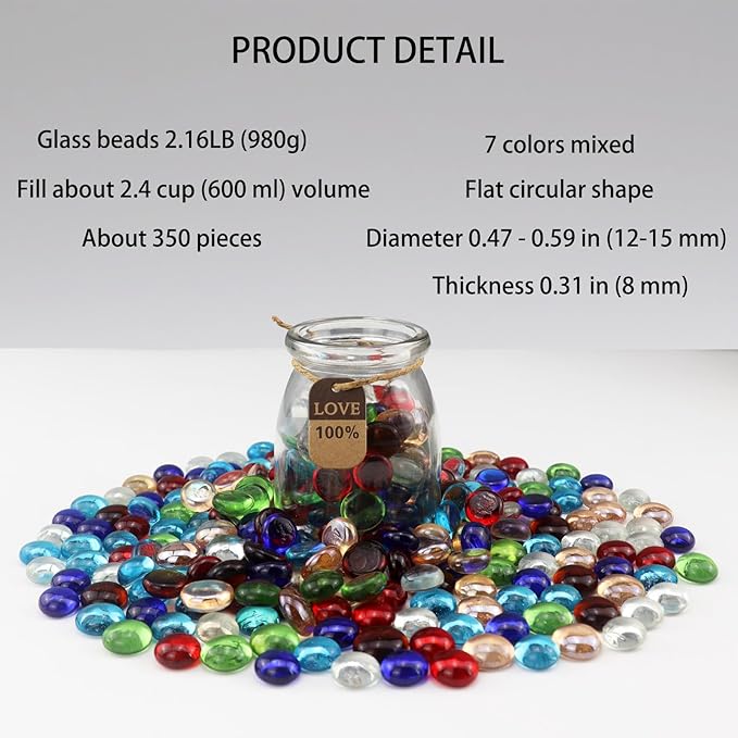 2.16LB Glass Beads Mix Colors Vase Filler Aquarium Gravel Decor Flat Glass Marbles Gems Pebbles Fish Tank Rocks Home Decorative Art Craft - 7 Colors Mixed