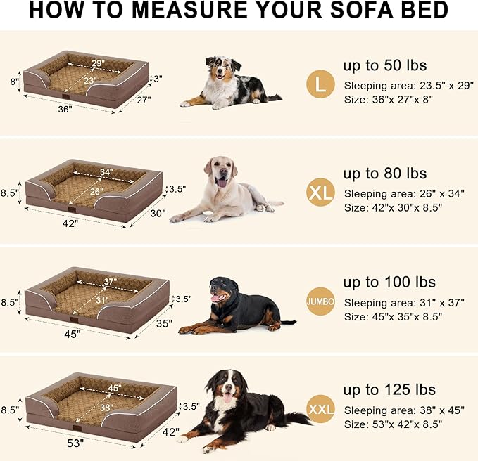 Orthopedic Dog Beds, Waterproof Memory Foam Large Sized Dog Bed with Sides, Non-Slip Bottom and Egg-Crate Foam Big Dogs Beds with Removable Washable Cover(Large,Brown)