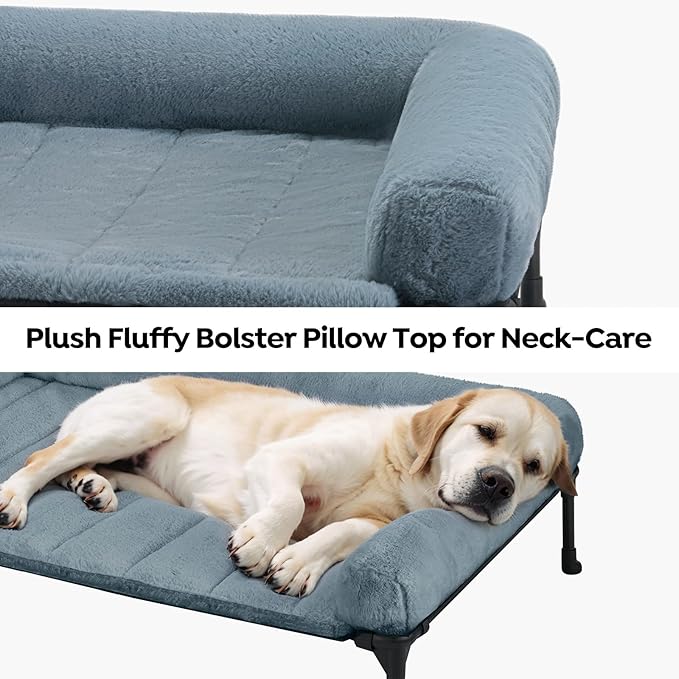 Veehoo Cooling Elevated Dog Bed with Fluffy Plush Bolster Cushion, Indoor Raised Dog Beds for Large Dogs, Soft Pet Sofa Cot with Removable Washable Mat, No-Slip Feet, 32 x 25 inches, Haze Blue
