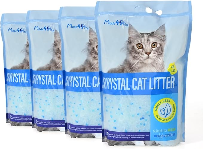 Made4Pets Cat Litter Crystals, Non Clumping Cat Litter Odor Control Kitty Litter Non Clumping No scooping Low Dust, Low Tracking, Lightweight, Dehydrates Waste,– 17.2 lbs (4 x 4.3 lb Packs)
