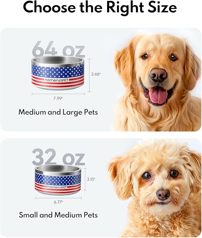 Homerunpet Double Wall Stainless Steel Dog Bowls, Non-Slip Base, Dishwasher Safe, Durable Pet Food & Water Bowl for Dogs & Cats(32oz, American Flag)