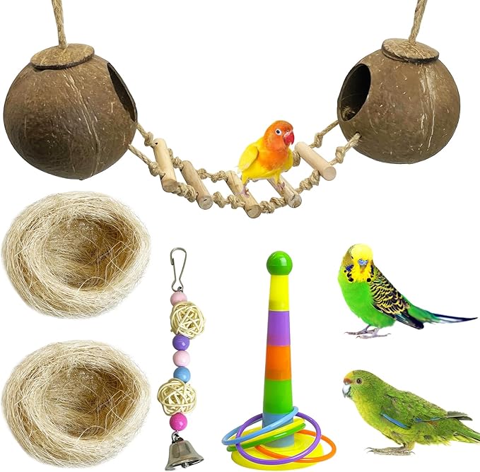 kathson 5Pcs Bird Coconut House with Ladder Parakeet Coconut Nest for Cages Parrot Hut Hanging Natural Coconut Fiber Conure Chewing Toys for Cockatiel Budgie Lovebird Cockatoos
