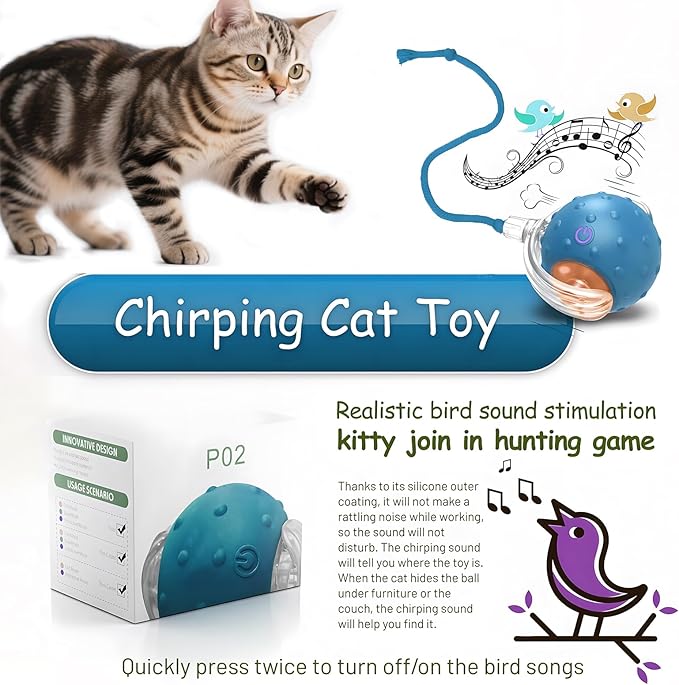 Interactive Cat Toys Ball - 2025 New Gen with Smart Obstacle Avoidance,Bird Chirps & Auto Wake-Up,Includes 1 Speedy Tail 2.0 Ropes, Ideal Kitten Toys for Bored Indoor Cats (Blue)