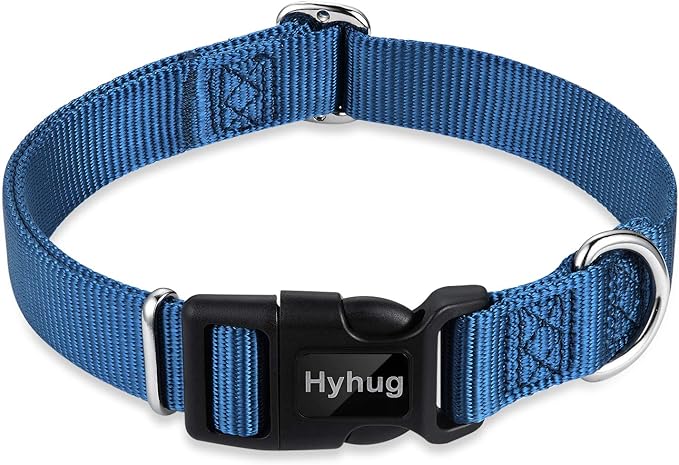 Hyhug Pets Solid Color Classic Regular Heavy Duty Basic Collar Medium Breeds Dogs, Unique Design Adjustment Triglide Slide (Buckle) Can Attached Name Tag Accessories. (Medium, Classic Blue)