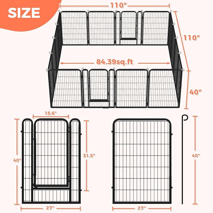 40 Inch Dog Playpen - 16 Panels Metal Pet Exercise Pen for Medium-Large Dogs, Indoor/Outdoor Dog Fence for Yard, Garden, Camping & RV Travel