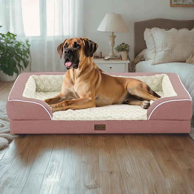 Orthopedic Waterproof Dog Bed for Extra Large Dogs, Memory Foam XL Dog Bed with Sides, Egg-Crate Foam and Non-Slip Bottom Jumbo Dogs Couch Beds with Washable Removable Cover(Jumbo,Pink)