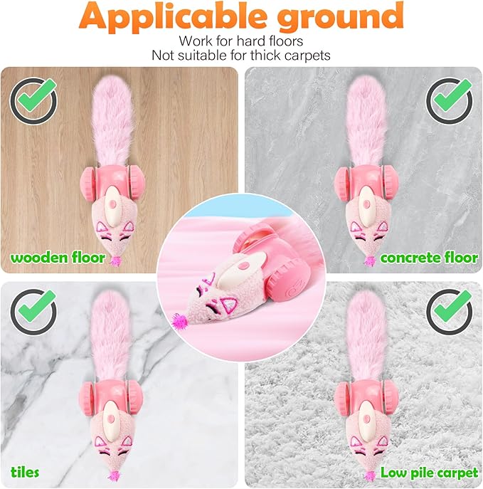 Migipaws Automatic Cat Toys, Plush Cat Mouse Toy, Interactive Toy for Indoor Cats, Smart Moving Kitten Toy, Rechargeable (Pink)