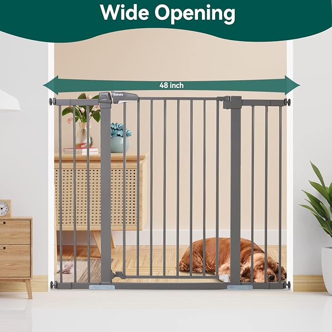 BABELIO 36 Inch Tall Metal Baby Gate, 29-48" Auto Close Pressure Mounted Dog Gate, Gray