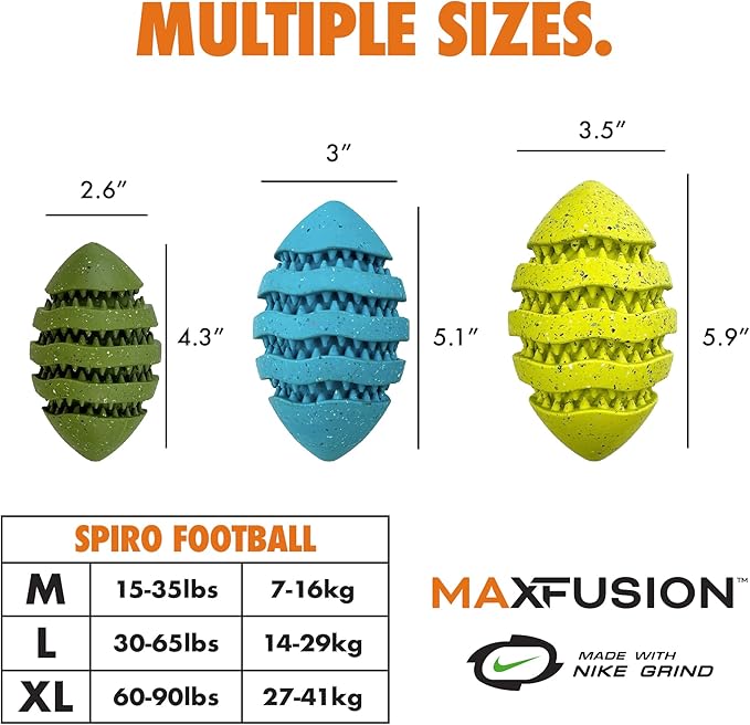 Max Fusion with Nike Grind, Arlee Spiro Football Treat Dispensing Dog Toy, Durable Dog Treat Toy, XL