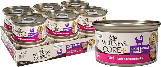 Wellness CORE+ Skin & Coat Pate Adult Wet Cat Food, Natural, Protein-Rich, Grain Free, 2.8 Ounce, 12 Pack (Duck & Chicken)