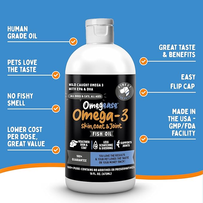 Omegease Fish Oil for Dogs & Cats - Finest for Pets Omega 3 for Cats & Dogs - Supplement for Skin & Coat, Itching, Shedding, Joints & Immune Health - 100% Pure Omega Fish Oil with EPA & DHA (32 oz)