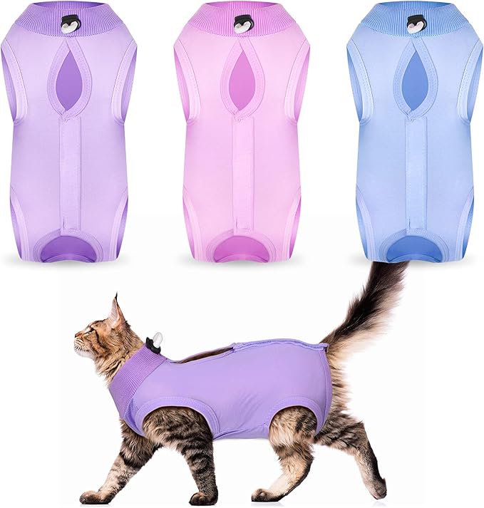 Nuanchu 3 Pieces Cat Recovery Suit Kitten Recovery Suit E-Collar Alternative for Cats and Dogs Abdominal Skin Anti Licking Pajama Clothes Sets(Medium)