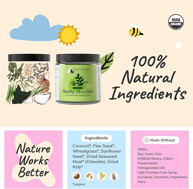 kin+kind Organic Multivitamin for Dogs & Cats - Pet Supplement for Healthy Skin and Coat - Safe, Natural Formula with Wheatgrass, Kelp, Seaweed and Coconut - Made in USA - 4oz (Medium)
