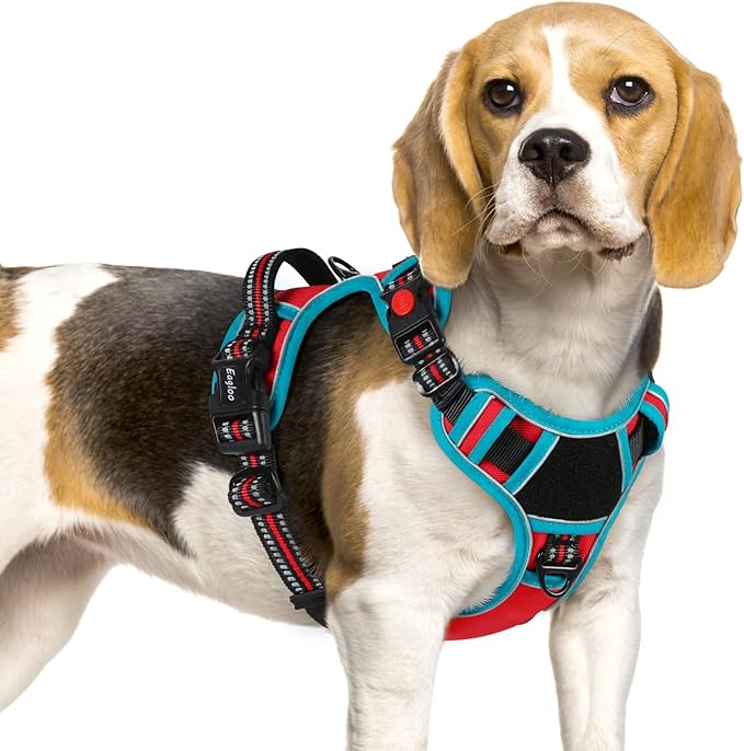 Eagloo Dog Harness Small Sized, Easy Wearing with 3 Buckles, Adjustable No Pull Pet Harness with 2 Rings for Walking, No Chock Reflective Soft Padded Vest with Control Handle, Red & Teal, S