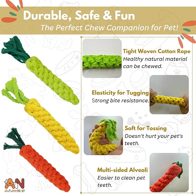 3PCS Mixed Color Woven Pet Rope Toys (Yellow, Green, Orange), Chew Toys for Dogs & Cats, Safe & Durable Braided Rope Toys for Pets