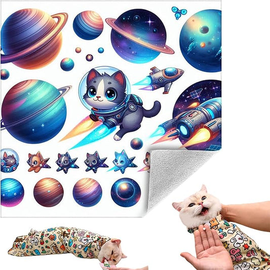 Cat Grooming Wrap, Self-Adherent Soft Cat Blanket to Wrap, Nail Clipping, Anti-Bite, Anti-Scratch, Anti-Escape Calming Wrap (Space, 3-6 lbs)