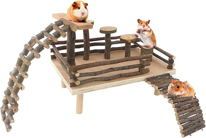 HOSUKKO Hamster Climbing Toys Wooden Hamster Playing Activity Set, Hamster Activity Playground Climb Platform Apple Wood Chewing Toys for Hamster Small Pets (D-Playground with Large Bridge)