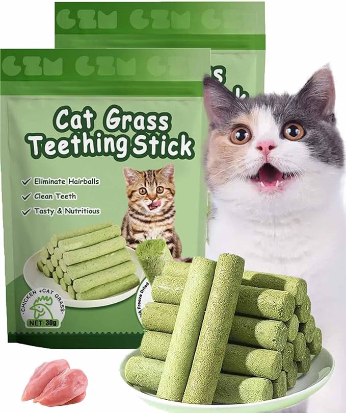 Primeco Cat Grass Teething Stick, Natural Grass Molar Rod Made of Chicken & Cat Grass, 6 PCS Per Bag for Cat Indoor Teeth Cleaning, Hairball Removal, Dental Care, Increase Appetite (2 pcs)