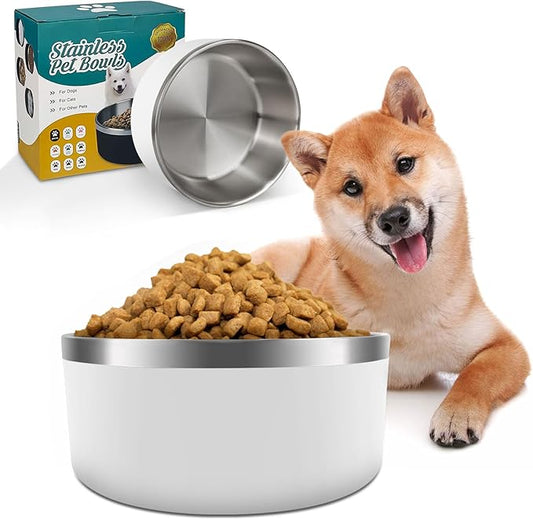 IKITCHEN Dog Bowl for Food and Water, 64 Oz Stainless Steel Pet Feeding Bowl, Durable Non-Skid Double Wall Insulated Heavy Duty with Rubber Bottom for Medium Large Dogs (64 Ounces/8 Cup, White)