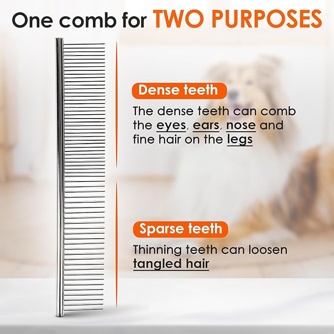 Dog Comb to Remove Tangles and Knots, Cat Comb with Stainless Steel Teeth and Non-Slip Handle, Dog combs for grooming matting for Long Haired Pets (Large)