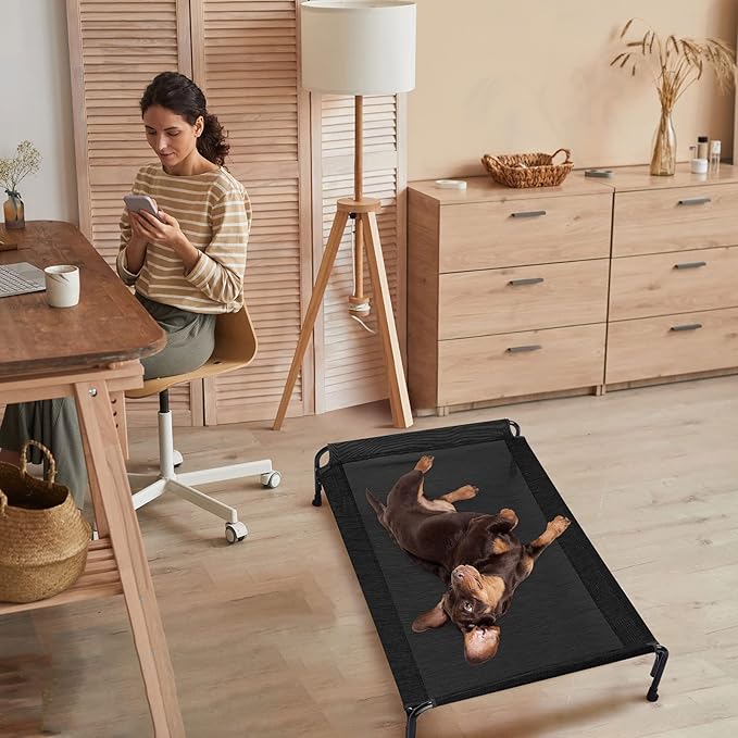 Veehoo Outdoor Elevated Dog Bed, Raised Dog Cot for Small Medium Dogs, Cooling Washable Waterproof Pet Hammock Beds with Slope Headrest, Breathable Mesh and Sturdy Frame, M, Black, CWC2204