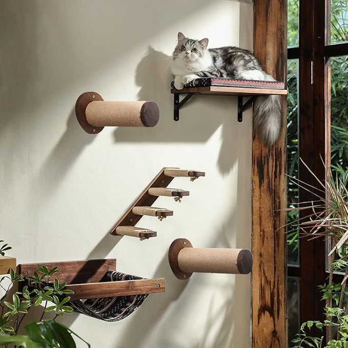 FUKUMARU Cat Wall Furniture, 11.8 Inch Cats Shelves for Drywall, Walnut Wood Kitten Stairs for Wall Mounted with Jute Scratching Kittens Steps, 2 of Pack