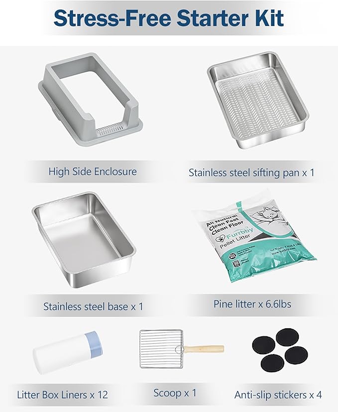 Stainless Steel Sifting Litter Box with Lid, Metal Litter Pan with Scoop for Big Cats Multi Cat, Extra Large Cats Litterbox Odor Control Easy Clean (24 * 16 * 12inch-with Enclosure, X-Large)